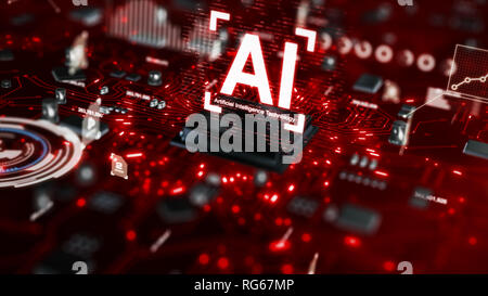 3D-Render AI künstliche Intelligenz Technologie-CPU Central Processor Unit-Chipsatz auf der Platine für die elektronische- und Technologiekonzept Stockfoto