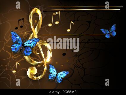 Golden Tonart mit Gold glänzende Noten, mit blauen Schmetterlinge auf Braun strukturierten Hintergrund eingerichtet. Stock Vektor