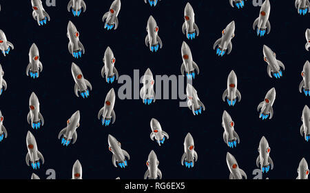 Nahtlose dark blue space shuttle Textur mit kreativen Retro Stil Rakete Muster mit Metall Spielzeug machen Kunst Hintergrund. Stockfoto