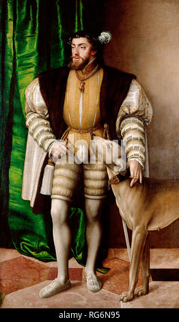 Portrait von Kaiser Karl V mit Hund (1500-1558) - Jakob Seisenegger, circa 1532. Stockfoto