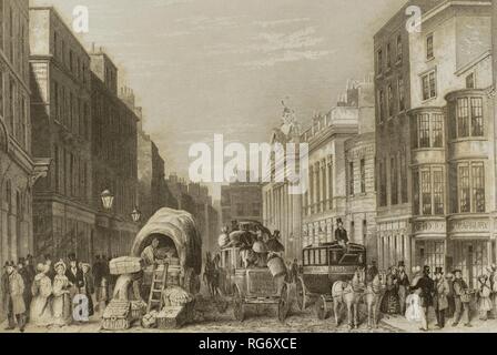 Reino Unido. Inglaterra. Londres. Leadenhall Street, 1837. Una concurrida calle Leadenhall mirando hacia El Este, hacia la antigua East India House. La Diligencia de Bellen ein ilford Pasa por el estrecho Espacio que hay entre un Carro y un-Omnibus. Las tiendas de Parbury, Allen & Co., Los vendedores de Libros en el Número 8 y David Reid, elegante Panadero de Galletas en el Número 10, se muestran con prominencia en el lado Derecho. Grabado por Josua Hopkins (Fl. 1837-1855) a partir de un Croquis de Thomas Hosmer Shepherd. "London und Umgebung", h. 1840 (Londres y sus Alrededores). Bibliotec Stockfoto