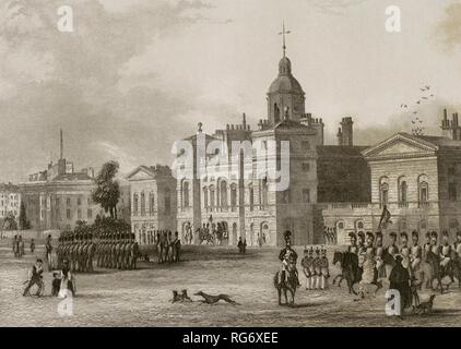 Reino Unido. Inglaterra. Londres. Die Horse Guards. Plaza para marchas ceremoniales, Campo de desfile cerca de Whitehall. Soldados ensayando sus ejercicios. Grabado por John Woods (Fl. 1835-1855) a partir de Un estudio por Thomas Clak. "London und Umgebung", h. 1840 (Londres y sus Alrededores). Biblioteca Histórico Militar de Barcelona, Cataluña, Spanien. Stockfoto