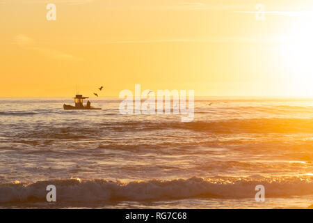 Kleines Boot von Möwen fischen bei Sonnenuntergang am Ufer, Kalifornien, USA Stockfoto