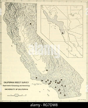 . Bulletin - United States National Museum. Wissenschaft. REVISION DER PRODOXINAE MOTIIS DES 43. Karte 4. - Verteilung der Tegeticula maculata maculata (schwarze Kreise), Tegeticula viaculata extranea (schwarze Dreiecke), und der Wirtspflanze, Yucca whipplei (schattierter Bereich in der oberen Karte) (Verteilung der Host von McKelvey 1947 geändert). Material untersucht. - 44 cf cf und 61 99. Vereinigte Staaten: Kalifornien: Kern Co.: Caliente, 9, lectotype, S. maculata; 2 Cf cf,?, paralectotypes, S. viaculata (USNM). Los Angeles Co.: 9, lectotype, S. maculata var. Apicella, Juli; 3 cTcT, 9, Juni-august, 2 cf-TF" (USNM). Chilao Stockfoto