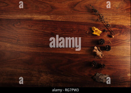 Pinecones and faded leaves lined up vertically on wooden table. Horizontal photo with copy space to the left. Stockfoto