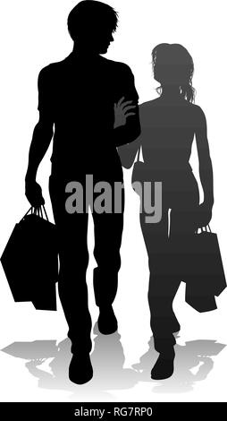 Junge Paar Einkaufen Silhouetten Stock Vektor