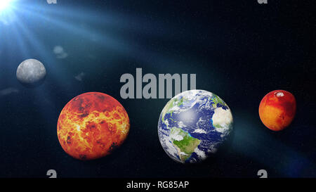 Die felsigen inneren Planeten des Sonnensystems beleuchtet durch die Sonne, Merkur, Venus, Erde und Mars Größenvergleich Stockfoto