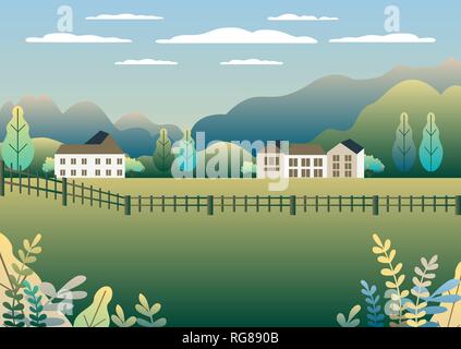 Rural Valley View Farm auf dem Land. Dorf Landschaft mit Ranch in flachem Design. Landschaft mit Einfamilienhaus Bauernhof eine Familie, Haus, Scheune, buil Stock Vektor
