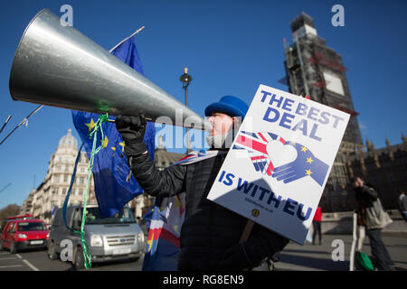 London, Großbritannien. 28 Jan, 2019. Pro und Anti Brexit Demonstranten sammeln außerhalb der Häuser des Parlaments am Tag vor der Abstimmung über die amandments Withdrawl Handeln beginnen. Credit: George Cracknell Wright/Alamy leben Nachrichten Stockfoto