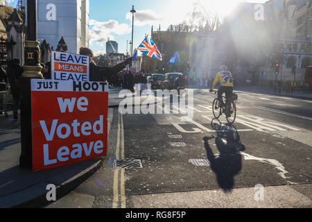 London, Großbritannien. 28 Jan, 2019. Pro verlassen Demonstranten vor dem Parlament als Mitglieder des Parlaments vorzubereiten, Aussprache mehrere Änderungsanträge zu Artikel 50 Delay und eine Kein Deal Brexit Credit: Amer ghazzal/Alamy Leben Nachrichten verhindern Stockfoto