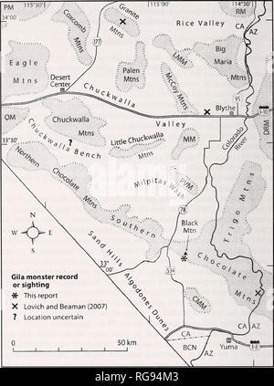 . Bulletin - südliche Kalifornien Akademie der Wissenschaften. Wissenschaft. 60 südlichen Kalifornien AKADEMIE DER WISSENSCHAFTEN. Abb. 1. Die fünf Gila Monster Records und Sichtungen in der südöstlichen Ecke von Kalifornien. CMM, Cargo Muchacho Berge, DRM, Dome Rock Berge; LMM, die kleine Maria Berge; MM, Maultier Berge; OM, Orocopia Berge; PM, Pinto Berge; PVM, Palo Verde Berge; RM, Riverside Berge. Rechtswert und Hochwert, der UTM-Zone ist 11, und das Datum NAD27). Dieser Bereich, in dem Quarz Spitze 7,5' Viereck (1988), ist "2 km süd-südwestlich der prominenten Cluster von Kommunikation Türme o Stockfoto