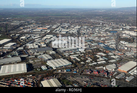 Luftaufnahme von Trafford Park Gewerbegebiete, Manchester Stockfoto