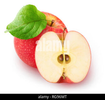 Isolierte Äpfel. Ein roter Apfel und eine Hälfte auf weißem Hintergrund mit Freistellungspfad isoliert Stockfoto