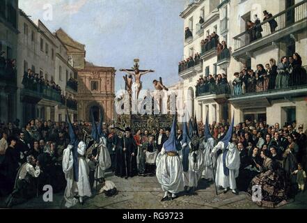 MANUEL CABRAL AGUADO - BEJARANO PINTOR ESPAÑOL. SEVILLA 1827 - 1891 "PROCESION DEL VIERNES SANTO EN SEVILLA LA COFRADIA DE MONTSERRAT EN LA CALLE Reales Alcazares entfernt. SEVILLA SEVILLA PINTADO. Autor: CABRAL AGUADO - BEJARANO, Manuel (1827-1891). Stockfoto