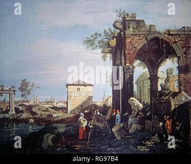 CANALETTO, EL ANTONIO CANAL PINTOR ITALIANO. 1697 - 1768 'CAPRICIO CON ROVINA E PORTA PORTELLO EIN PADOVA' 1734. Thema: Kanal, Giovanni Antonio Canaletto'' (1697-1768). Stockfoto