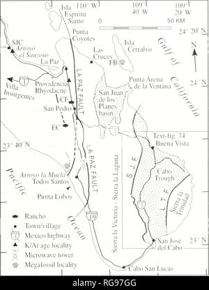 . Bulletins der amerikanischen Paläontologie. Ba. in der ia Caluornia SiKAriciRAPH' i: Carri; keine und Smuh 95. - Texl liyiiie 73.- San Juan Uc la Costa und ihe Los Angeles Pa/| icnlnsnla in Cabo San Lucas, Index Karte der wichtigsten Städte und Gemeinden. Karte wurde von niodilied Aranda-Gome/und Pere/.- Venzor (19S9). Scliwennickc cf-nl. (1996). und Fletcher ct ul. (2000). Arroyo La Muela entlarvt die südlichsten Ausläufer des Miozän Salada Bildung; Miozän Wale wurden in der Nähe von La Palma ausgegraben. Die unbenannten Ranch &Lt;i gezeigt im Norden von San Pedro. K/Ar Alters sind 21-24 Ma für die La-Pa/Tuff an AiToyo el Sauzoso (Hausback. iq 84a. b) und die lS-20 Ma für Stockfoto