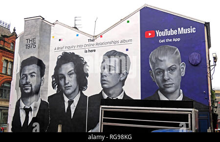 YouTube Musik erhalten die App Anzeige, auf der Giebelseite des Gebäudes, Shude Hill, Manchester City Centre, North West England, Großbritannien, M4 2AF Stockfoto