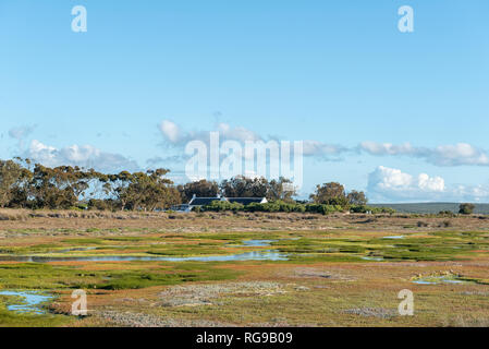 WEST COAST NATIONAL PARK, SÜDAFRIKA, 20. AUGUST 2018: Blick richtung Geelbek Restaurant als von der Promenade gesehen der Geelbek Vogel Ausblenden auf der La Stockfoto