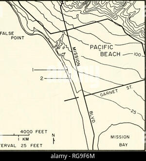 . Bulletins der amerikanischen Paläontologie. Foraminifera-Miocene - Pliozän Kalifornien: Single 233 HÖHENLINIENINTERVALL. 4000 FUSS LA JOLLA QUAD. (1953) Text-Abbildung US-Standort Karte von Spot Proben aus dem San Diego Forma gesammelt in Sea Cliff ausgesetzt im Pacific Beach, San Diego County, Kalifornien. Die marginale östlichen Nordpazifik in einer Reihe von Sedimentproben estabhshed wurden gesammelt, um die Halbinsel Baja California, südlichen Kalifornien und Oregon (Text-Bild. 12; Anhang, Tabelle 5). Feld- und Laboruntersuchungen gesammelten Proben für diese Studie wurden auf bestehenden U.S.G.S. topografische m Stockfoto