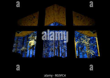 Kabine Fenster mit Blick in die Dunkelheit im verschneiten Wald im Winter Stockfoto