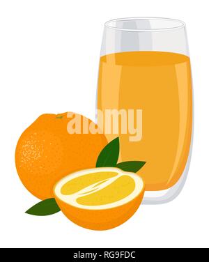 Orange trinken. Glas Orangensaft und Scheiben von orange Frucht. Vector Illustration auf weißem Hintergrund Stock Vektor