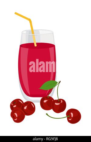 Kirschsaft. Ein Glas Kirschsaft und Kirschen. Vector Illustration auf weißem Hintergrund Stock Vektor