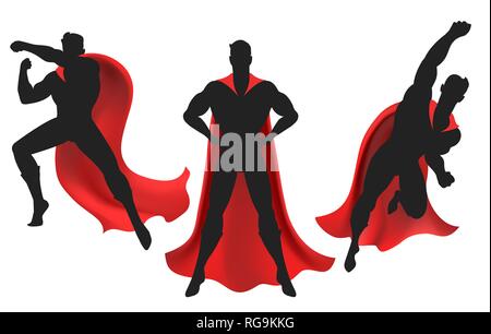 Superhelden Silhouette. Mächtige mann Silhouetten Abbildung mit super hero Red cape Vector Illustration Stock Vektor