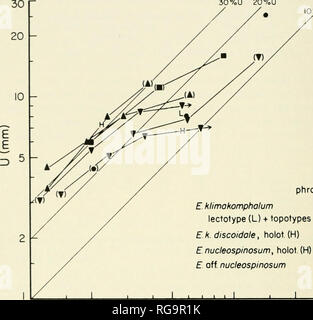 . Bulletins der amerikanischen Paläontologie. 76 Bulletin 255 30% HE 20% U Ciran phrogm. E klimakomphalum • lectotype (L) + topotypes E.k. Discoidale, hooV{H)? HooV Enucleospinosum, {H)? E aus. nucleospinosum M 10 20 50 D (mm) 100 200 300 Text-Bild. 22. - Streuung mit Wachstum Linien für relative Nabelschnur breite {U: D) Der Eudrrutocrras (Eiiaptrtocrras) spp., phragmocones. Hinweis: Das Ändern von weitgehend iimbiiicate Ju" enile^ vhorls reife Umgänge auf 30-40 mm D und die große Ähnlichkeit zwischen E.(E.) klimakomphalum (vacek) s.s. und E.(E.) klimakomphalum discoiJalr, n. subsp, während E.(E.) nucleo zu evolvente Stockfoto