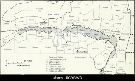 . Bulletins der amerikanischen Paläontologie. Bulletin 362. Text-tigure 2.-Index Karte von New York mit der approxhiuUe Bergspitze Bereich Mitteldevon Schichten. Es ist unpraktisch, der 7,5-minütigen Viereck Grenzen in dieser Größenordnung aber die Grafschaften, einige der wichtigsten Städte und sieben regionale Bezugspunkte als Hilfe bei der Diagnose Die ungefähren Positionen der Sammlung Gemeinden im Text und im Anhang genannten beschriftet sind, zu zeigen. Aus verschiedenen kleinen Outline maps des New York State Geological Survey geändert. Umfrage. Die Innenhöfe sind zu klein auf der Karte (Text-Bild gezeigt werden. 2 Stockfoto