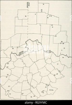 . Bulletins der amerikanischen Paläontologie. 12 Bulletin 305. Text-Bild 1. - Karte mit Standorten von brassfield Formation Aufschlüsse untersucht: Grafschaften werden skizziert. Nord-Süd-Umfang der Karte ist 200 Meilen (320 km); von Osten nach Westen Umfang ist 140 Meilen (224 km). ? = Brassfield, bedenklich. Bitte beachten Sie, dass diese Bilder sind von der gescannten Seite Bilder, die digital für die Lesbarkeit verbessert haben mögen - Färbung und Aussehen dieser Abbildungen können nicht perfekt dem Original ähneln. extrahiert. Paläontologische Forschung Institution (Ithaca, N.Y.); Columbia University. Ithaca, N.Y., Paleonto Stockfoto