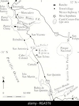 . Bulletins der amerikanischen Paläontologie. Baja California Stratigraphie: Carreno und Smith 23 Tiiiuiii Stadt/Dorf Mexiko Autobahn ich Mesa SepulUira Canlil Coslcru Bereich Fm. - 30 = N El Rosario 116', W U, V', Mesa la 'Sepiillura Tel-ligure 5.- Rosario eiiibayiiieiU. norlhern teil. Ensciiada lo El Rosario, B.C. und Santillan Barrera (1930) nannte die Alisitos Bildung für einen Abschnitt in der Nähe von Rancho Alisito. s; Sie beschrieben den Canlil Costero Bildung von täuschungen zwischen Arroyo Hondo und Arroyo Amarga. Northern Rosario embayment, Ensenada zu Piinta China Platte I. Cokimn 4 (Text - tigs. 2. 5. Tabelle 3. Holldorf Stockfoto