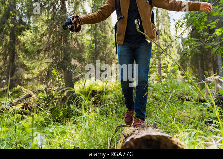 Finnland, Lappland, mann Balancieren auf in Wald anmelden Stockfoto