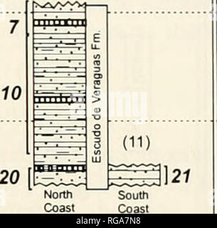 . Bulletins der amerikanischen Paläontologie. 27 VALIENTE HALBINSEL Blufl (12) 15 29 Finger Insel (14) 30 ESCUDO DE VERAGUAS INSEL (10). Text - Abbildung 4 - Übersicht über die Stratigraphie der Bocas del Toro Becken für alle Abschnitte, die für dieses Papier abgetastet. Abschnitt zahlen und faunule Zahlen als Text angezeigt - Abb. 3. Finger auf der Insel Valiente Halbinsel zu früh - tocene Pleis (1,4 Ma) am Swan Cay; aber die Sammlungen sind gleichmäßiger verteilt als im Alter in die Limon Becken (Text-Bild. 4; Anhang B, in diesem Band). Die 46 Collection aus dem Hafenbecken sind alle Miozän (Text-Bild. 5), fro Stockfoto