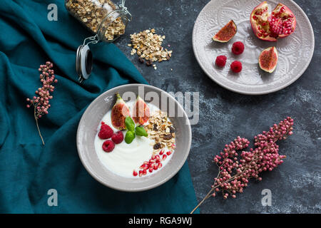 Schüssel Naturjoghurt mit Obst Müsli, Himbeeren, Feigen und Granatäpfel, Saatgut Stockfoto