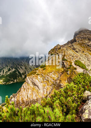 Blick von Krabbe zu Czarny Staw Gasienicowy und Zielona Dolina Gasienicowa Tal in Tatra, Polen, Europa Stockfoto