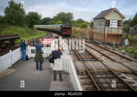 Zug Enthusiasten Foto ein Dampfzug der South Devon Railway, wie es auf den Ashburton Kreuzung in der Nähe von Totnes, Devon ankommt Stockfoto