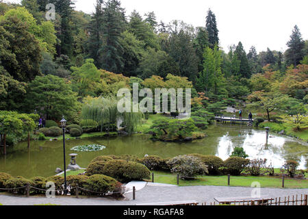 Ein japanischer Garten mit Bäumen, ein großer Teich und Wanderwege in Seattle, Washington, USA Stockfoto