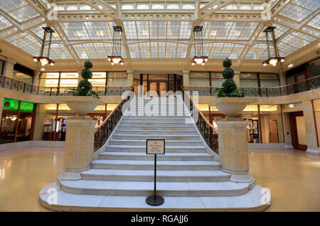 Die Lobby licht Gericht The Rookery Building auf der La Salle Street in der Schleife district, Chicago, Illinois, USA Stockfoto