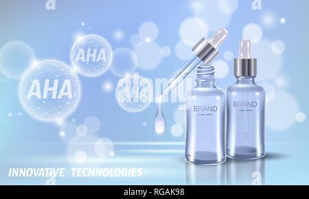 Fruchtsäure Beauty Salon Peeling. Glas Flasche droplet Pipette AHA Glykolsäure Milchsäure peeling Anti-Aging Verjüngung Serum. Medical Skin Stock Vektor