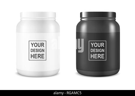 Vektor realistische Weiße und Schwarze Kunststoffbecher mit Deckel Set Closeup isoliert auf weißem Hintergrund. Design Template von Whey Protein, Sport Pulver Stock Vektor