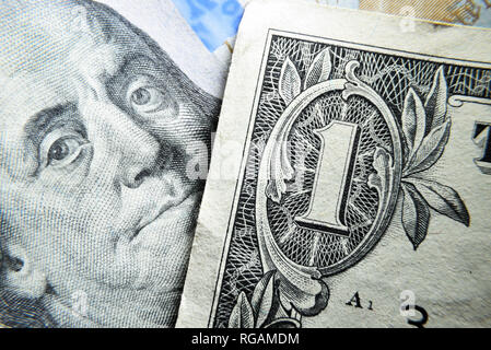 Dollar USA hautnah. Makro Textur eines Fragments des Dollar Bill. USD banknote Textur. Eine amerikanische Dollar Makro. Stockfoto