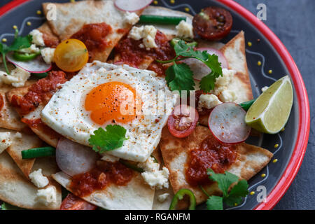 Mexikanisches Frühstück: chilaquiles, Avocado mit Ei und Gemüse close-up auf einer Platte Stockfoto