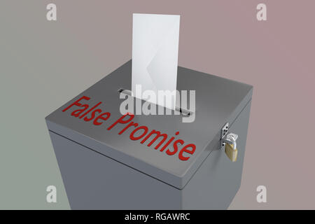3D-Darstellung der falschen Versprechen Skript auf einem Stimmzettel und einen Wahlumschlag in die Wahlurne eingelegt worden, isoliert über eine farbige Gradienten. Stockfoto
