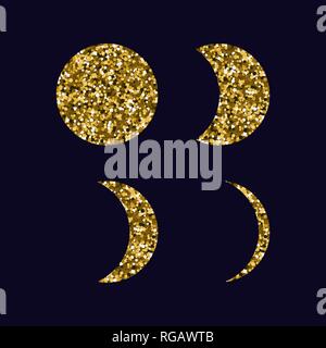 Die Mondphasen. Symbole gesetzt. Der dunkle Hintergrund. Gold Pailletten Vector Illustration Stock Vektor