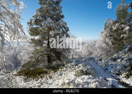 Weg durch die verschneite Landschaft, in den Hügeln des nördlichen England. Winterlandschaft oberhalb der Longdendale Tal, Glossop, Derbyshire. Stockfoto