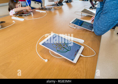 April 29, 2018 in Cupertino/CA/USA - unbekannter Menschen auf die neuen Apple Park Visitor Center testen wie die Apple Bleistift arbeitet auf dem Ipad Pro, Sil Stockfoto