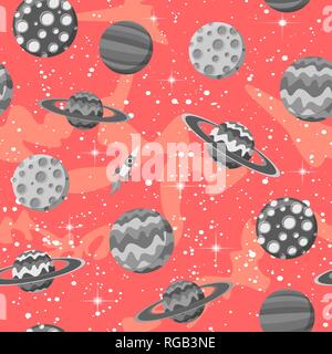 Cartoon flachen Raum mit grauen Planeten Vektor nahtlose Muster auf Coral Hintergrund Stock Vektor