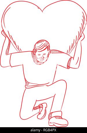 Zeichnung Skizze stil Abbildung eines modernen Atlas Anheben oder Tragen ein riesiges Herz auf seinem Rücken oder Schulter, während kniend von vorne gesehen auf isol Stock Vektor