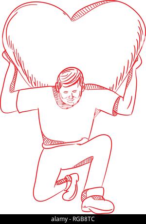 Zeichnung Skizze stil Abbildung eines modernen Atlas Anheben oder Tragen ein riesiges Herz auf seinem Rücken oder Schulter, während kniend von vorne gesehen. Stock Vektor