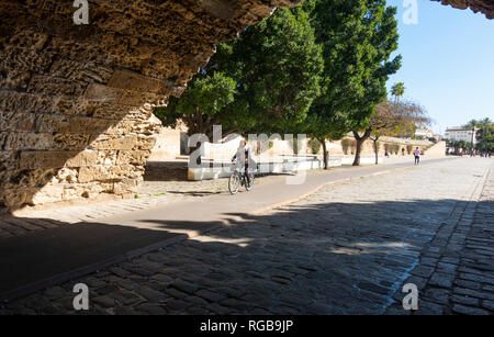 Frau reiten Fahrradverleih in der Nähe des Tiana Brücke in Sevilla, Spanien Stockfoto